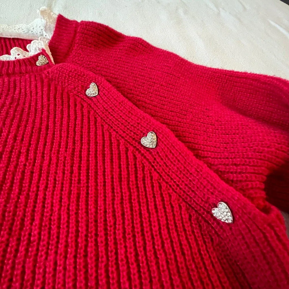 Women's Red Ribbed Knit Sweater with Lace Collar and Rhinestone Heart Buttons‎